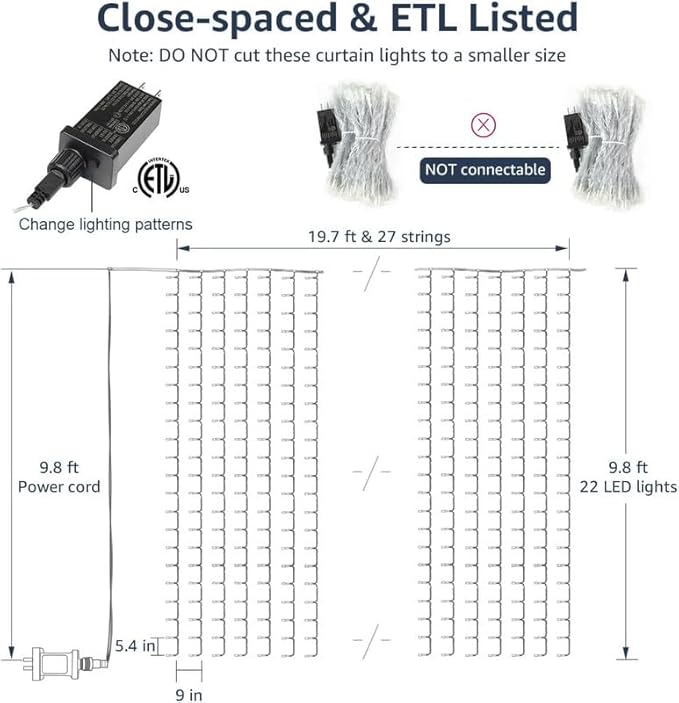 Warm White Curtain Lights – 594 LEDs 20x10ft | 27 Strings | Memory Function | The Wide-Format Warm Backdrop for Wedding Pergola Porch Patio Bedroom Wall