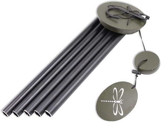 Outdoor wind chime with curved dark metal tubes and three green oval charms