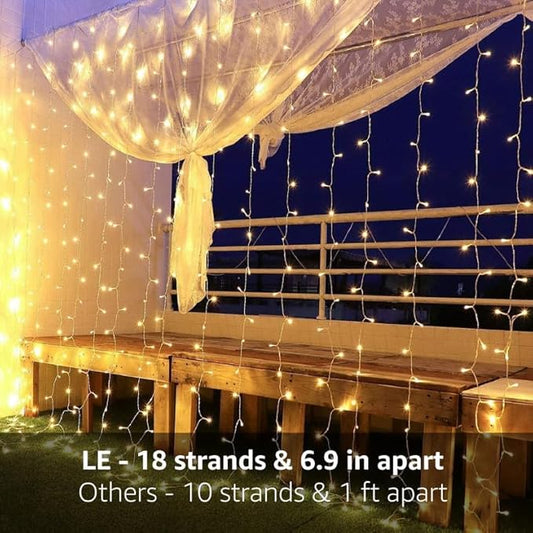 Warm White LED Curtain Fairy Lights – 306 LEDs 10x10ft | 18 Dense Strands 8 Modes Memory Function | Bedroom Wedding Christmas Backdrop Indoor