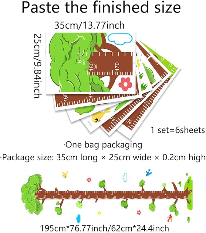 Vinyl decal set with tree growth chart design and included size guide sheets