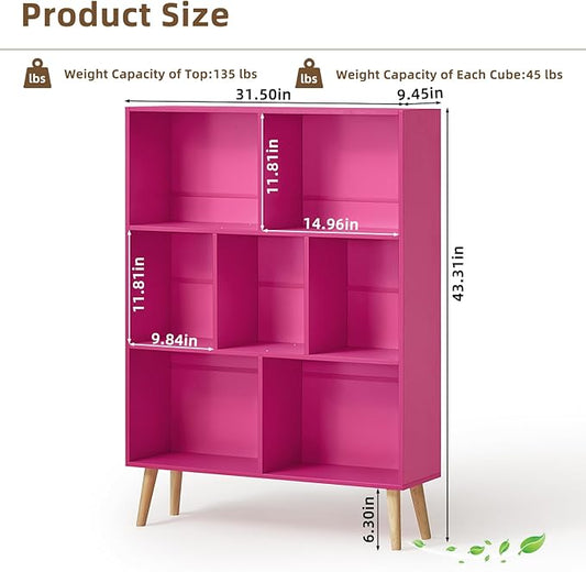 Pink 7-Cube Criss-Cross Bookshelf with Legs - Narrow 3-Tier Laminated Open Bookcase for Nursery and Small Spaces