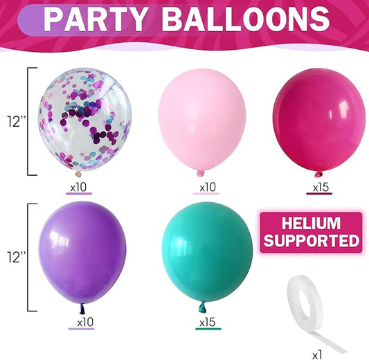 Mermaid Princess Party Balloons – 60 Pcs Hot Pink Teal Purple Confetti | 12 Inch Latex | Air or Helium | Birthday Baby Shower Party Decor