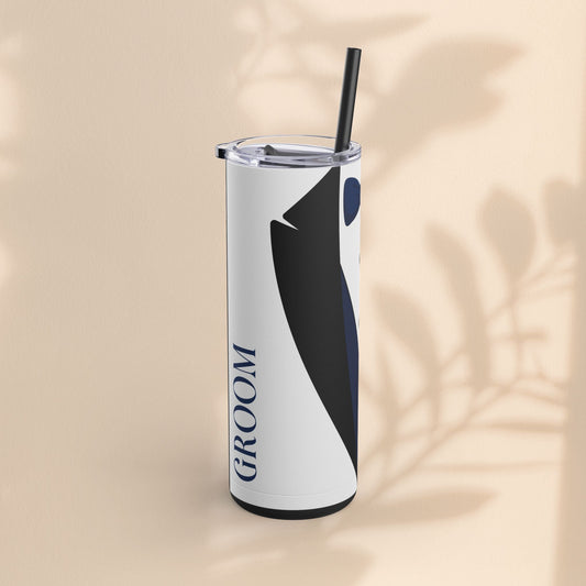 20oz matte skinny tumbler with vertical Groom text, black lid and straw, tuxedo-style design