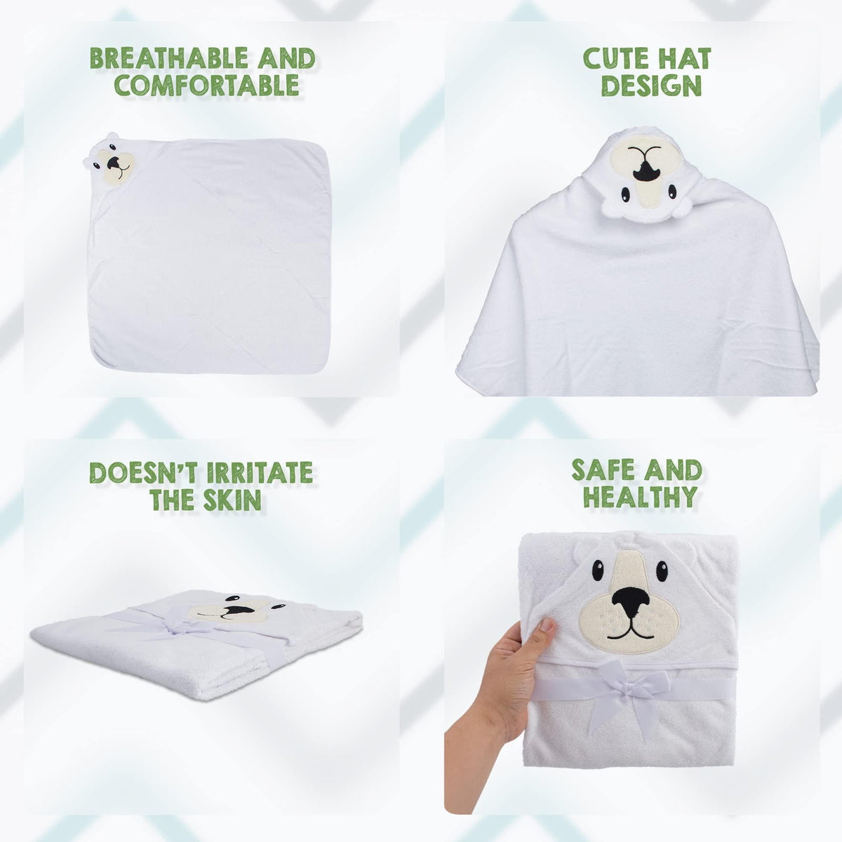 White hooded baby towel with bear-face design, shown folded and open