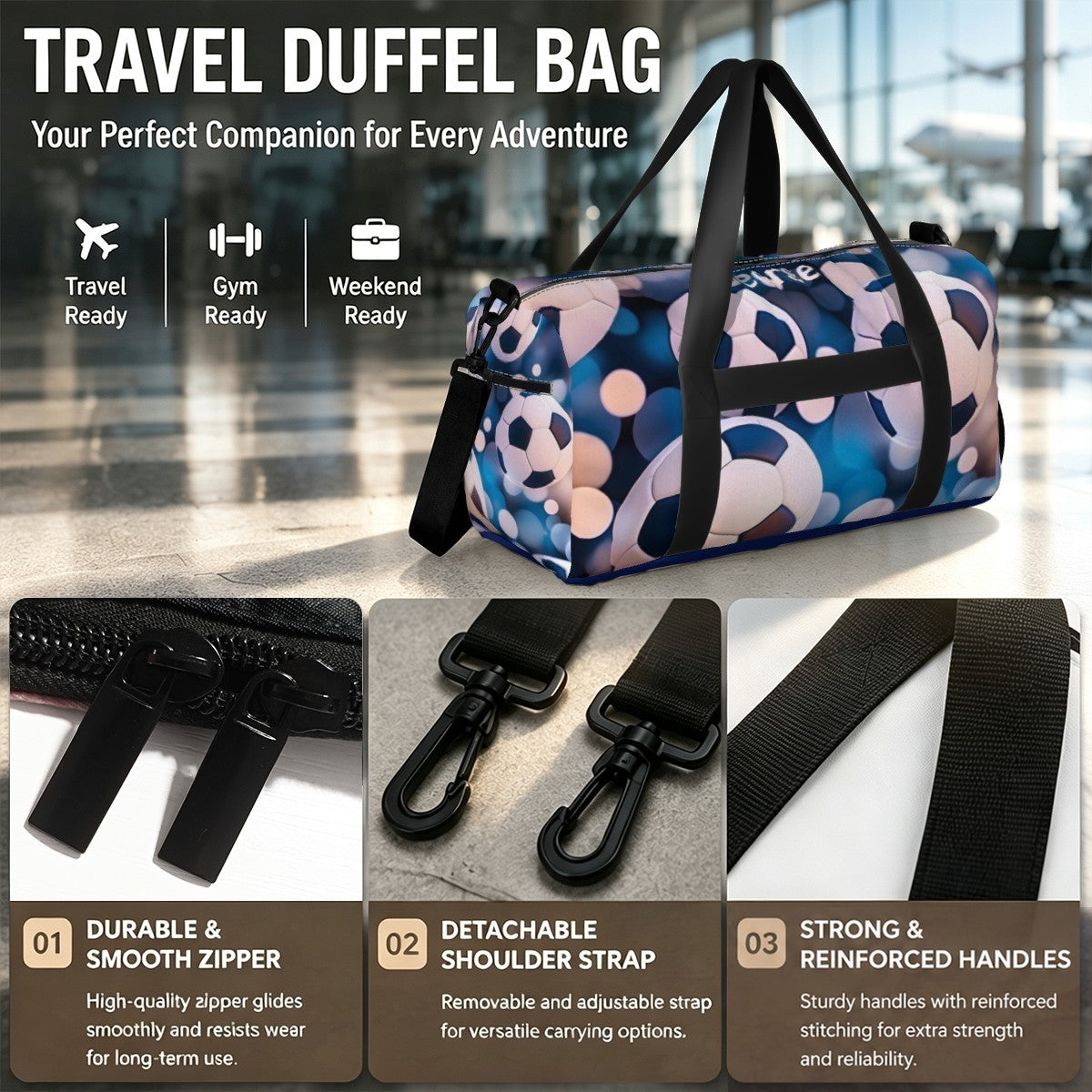 Soccer duffel bag with blue soccer ball print, black handles and adjustable shoulder strap