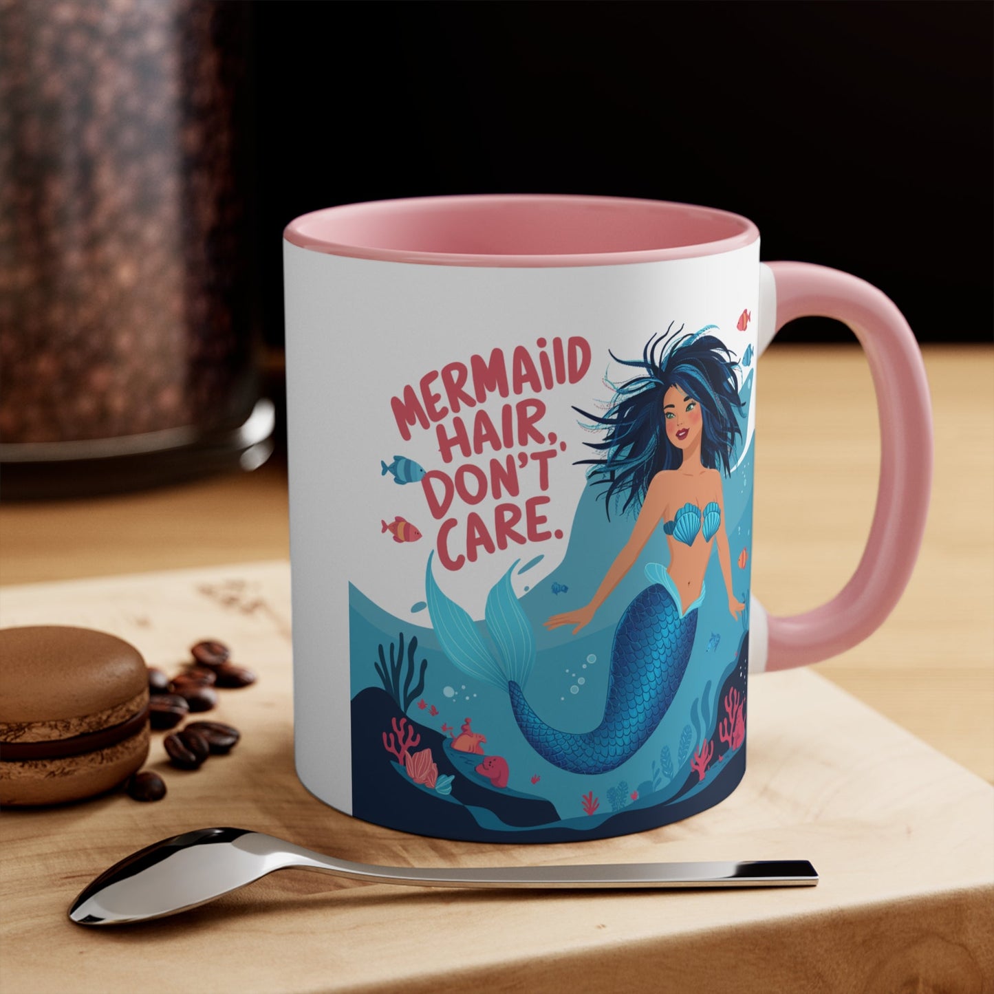 Mermaid Hair Don't Care Accent Mug – Wild Teal Mermaid Underwater Scene | 11oz White Ceramic Blue Green Pink or Red | Ocean Attitude Coffee Gift