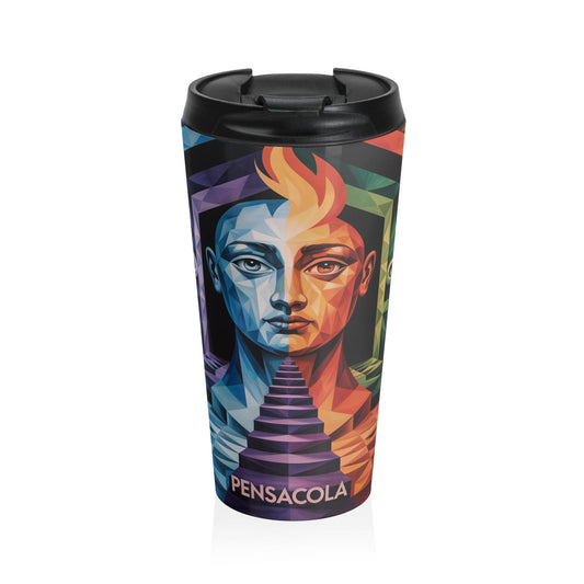 Stainless steel travel mug with black lid, full-wrap colorful PENSACOLA artwork