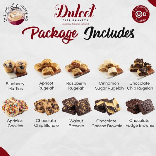 Dulcet gift baskets package includes tray of labeled treat varieties: muffins, rugelahs, cookies