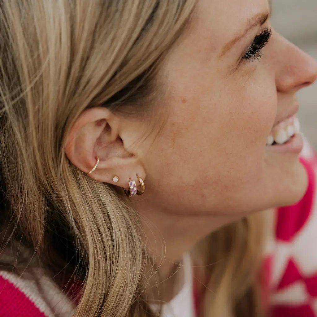 Jane Diamond Ear Cuff worn above a stud and gold hoop earrings