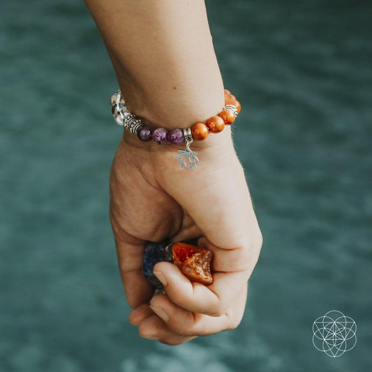 Chakra bracelet on wrist with lotus charm and mixed-color stone beads