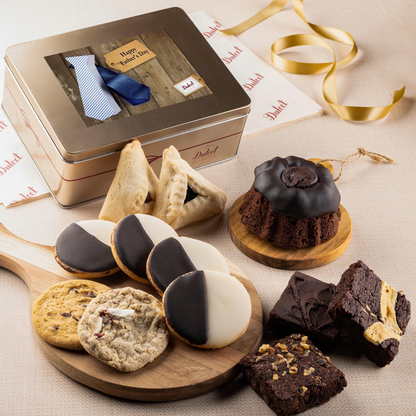 Keepsake gift tin with cookies and dark brownies, plus an open note card in lid