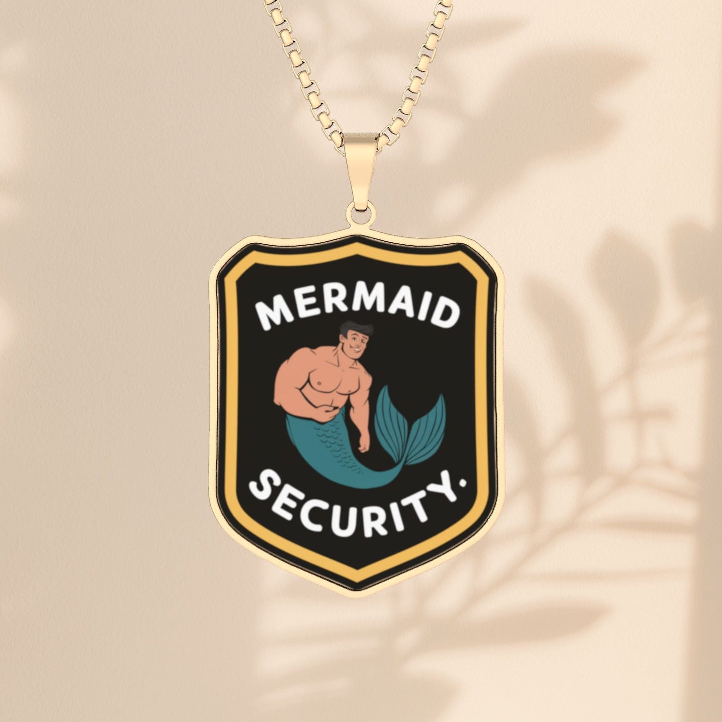 Mermaid Security Badge Pendant Necklace – Funny Merman Shield with 18” Chain | Stainless Steel, Gold Plated or Sterling Silver | Ocean Humour Jewellery Gift