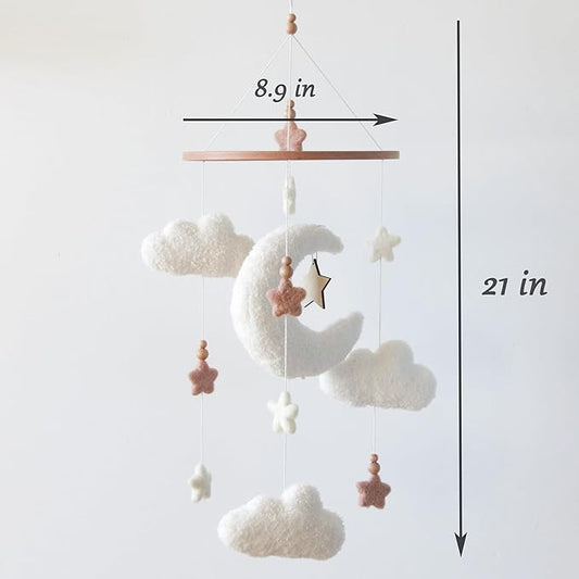 Crib mobile, 21 in tall, with white plush clouds, moon, and star charms on bead strings