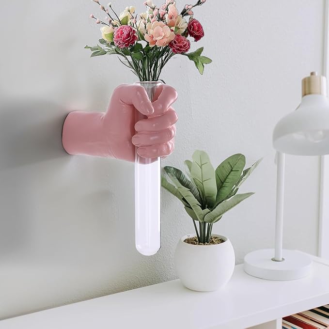 Pink Hand Wall Vase Sculpture - Modern Resin Wall Art with Test Tube Vase for Flowers, Plants, and Decorative Branches