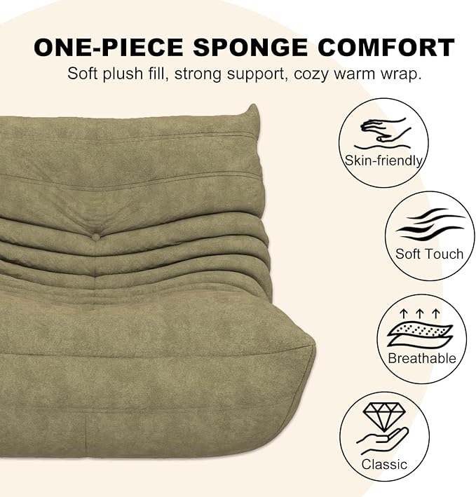 Moss Green Ripple Single Floor Lounge Chair - Togo-Style Solo Foam Seat for Biophilic Interiors, Reading Nook, Nursery, and Quiet Moments for One
