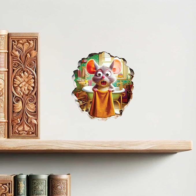 Mouse holding a bowl wall sticker centered above a wooden shelf
