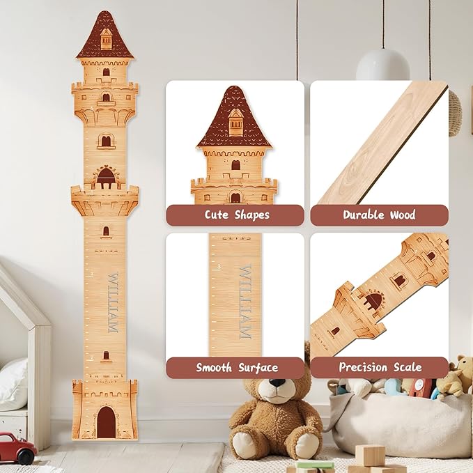 Wooden castle height ruler with smooth surface and precise scale detail callouts