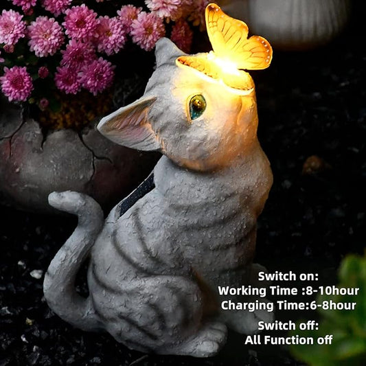 Cat Solar Garden Statue with LED Light - Waterproof Resin Outdoor Decor