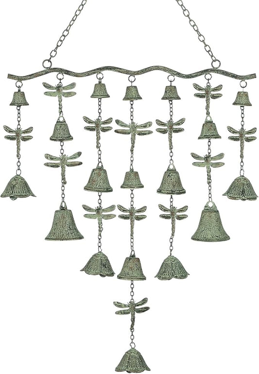 Verdigris wrought-iron wind chime with dragonfly motifs and many hanging bell chimes
