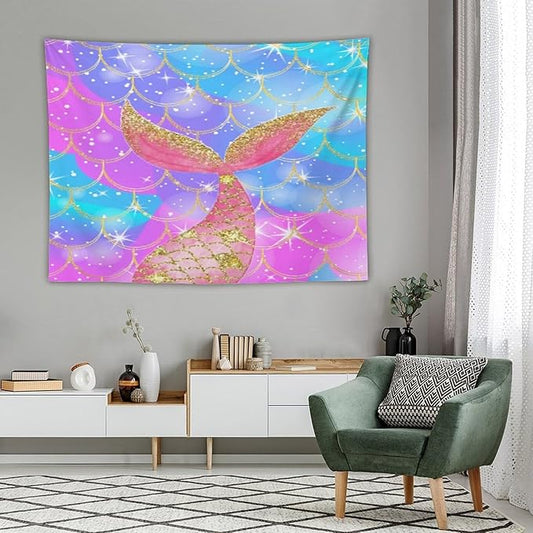 Mermaid Scales Wall Tapestry – 80" x 60" Colourful Shiny Mermaid Tail Pattern | Large Landscape Wall Hanging | Bedroom Living Room Dorm