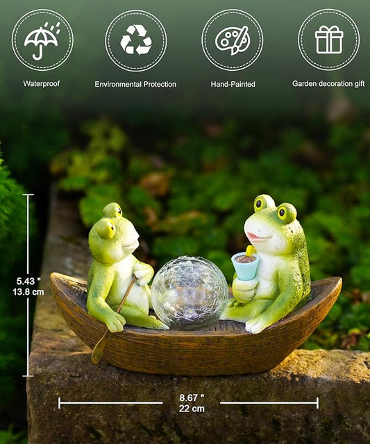 Solar Frogs in a Boat Garden Statue - IP44 Waterproof Resin Outdoor Sculpture and Yard Decor