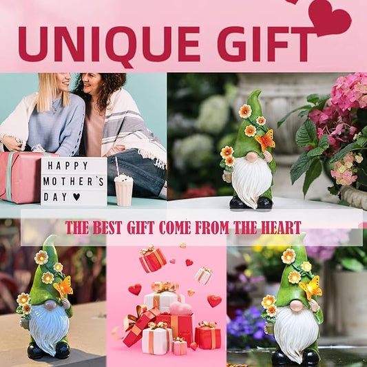 Set of outdoor garden gnome statues with green hats, orange flowers, and butterflies