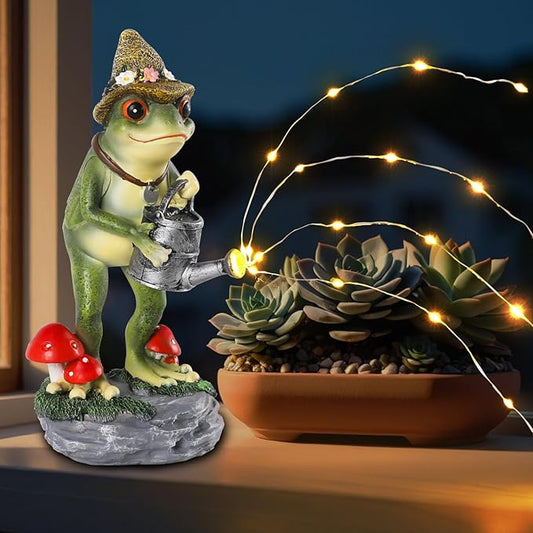 Solar Frog Garden Statue with Watering Can and Straw Hat - 8.8-Inch Resin Decor