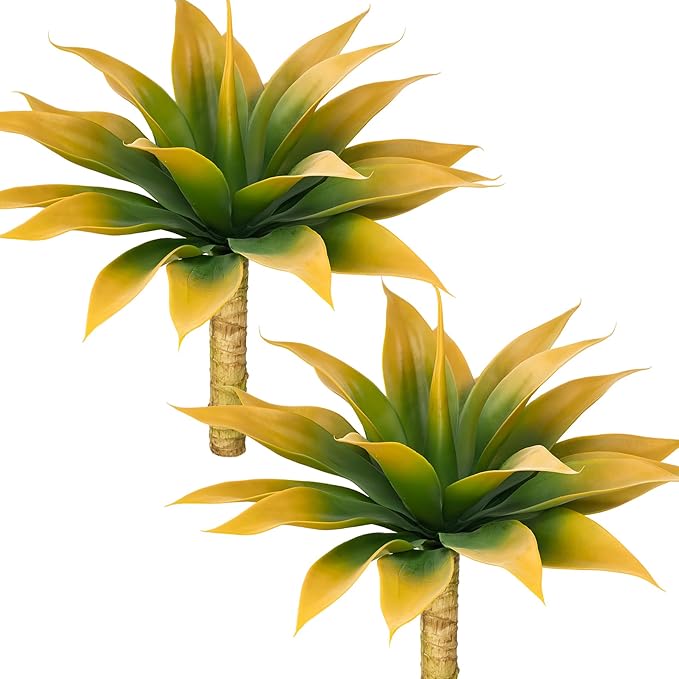 Two yellow-green faux agave plants with spiky leaves on textured faux trunk stems