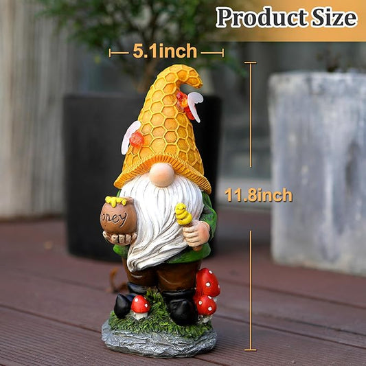 Solar LED garden gnome figurine with white beard, orange hex-pattern cap, standing pose