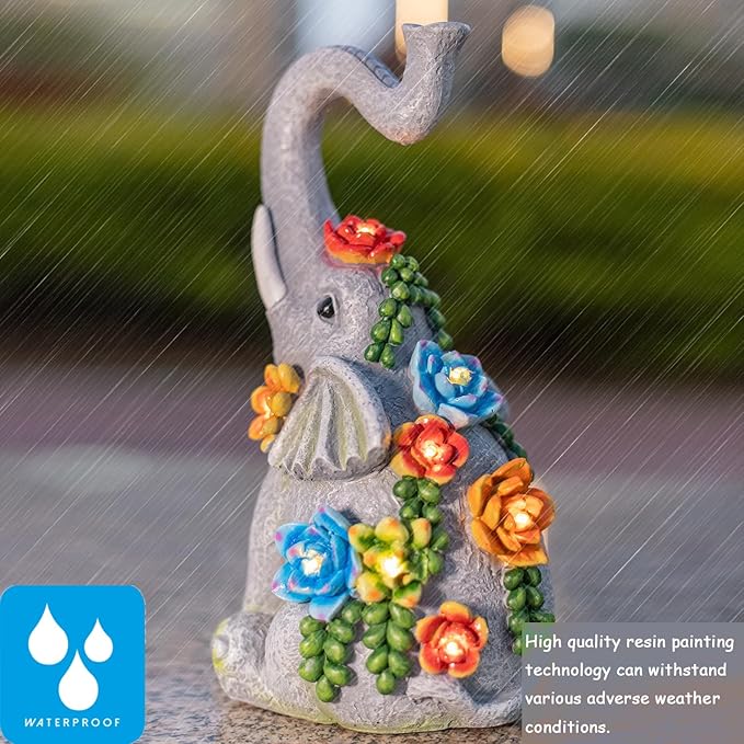 Solar Elephant Garden Statue with 8 LED Lights - Waterproof Resin Outdoor Decor