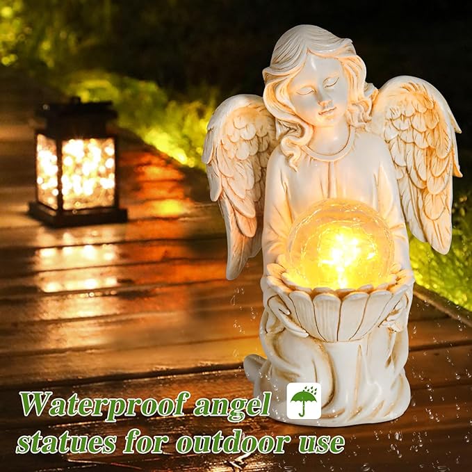 Solar Angel Garden Statue Holding Lotus with Crackle Glass Globe - UV-Resistant Resin Outdoor Decor