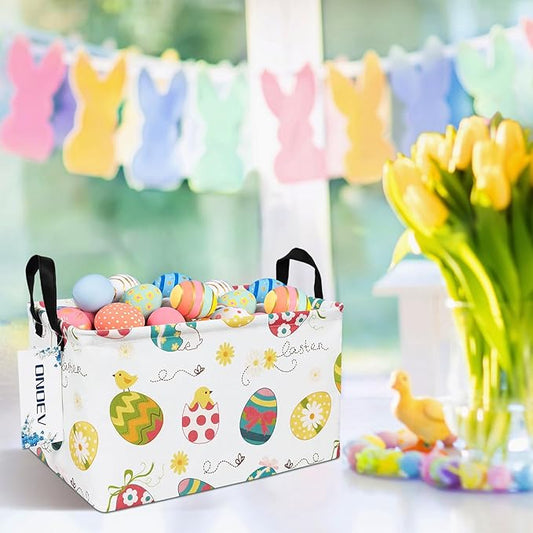 Easter Eggs Canvas Storage Hamper Basket - Foldable Waterproof Easter Egg Hunt Bin for Kids, Easter Gifts, and Spring Hamper Building