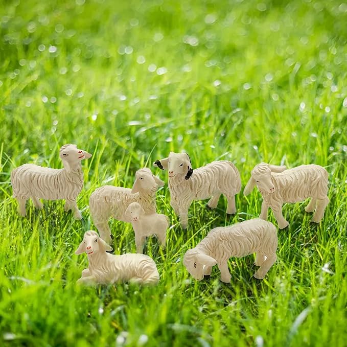 Set of 6 Sheep Garden Figurines - Resin Farm Animal Outdoor Decor