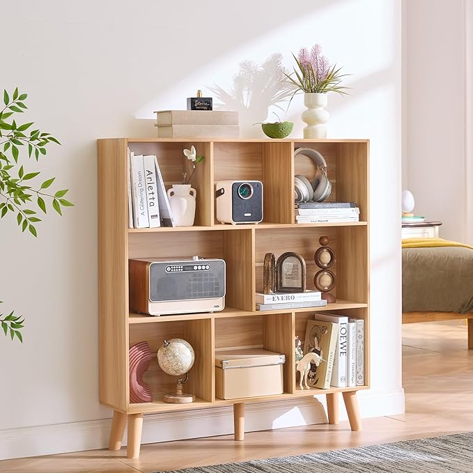 Natural Oak 8-Cube Wide Bookshelf with Wood Legs - Mid-Century Boho Bookcase for Living Room, Home Office, and Every Grown-Up Interior That Has Run Out of Places to Put Its Books