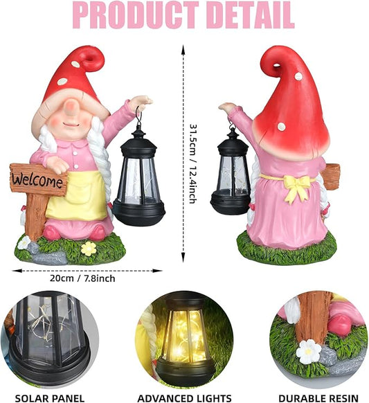 Pink LED gnome statue with Welcome sign and solar lantern; size shown 20cm