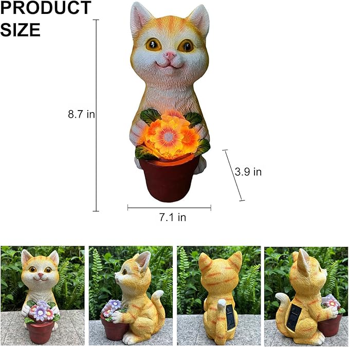 Solar Cat Garden Statue with Flower Pot - IP44 Resin Outdoor Decor