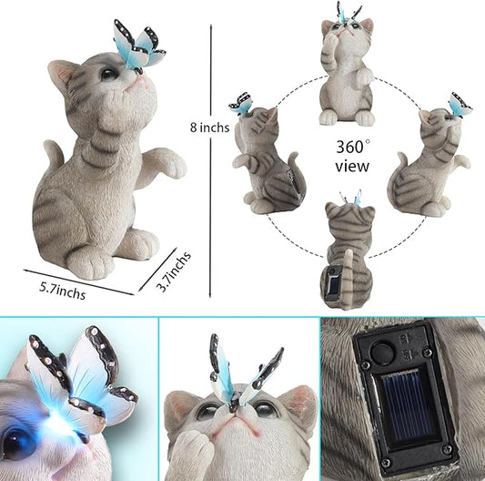 Solar Cat Garden Statue with Butterfly LED Light - 7.8-Inch Resin Outdoor Decor