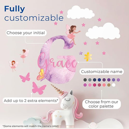 Fully customizable fairy name decal design with pink moon, flowers, butterflies, and unicorn