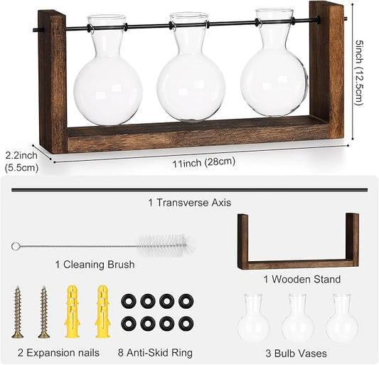 Brown wooden 3-bulb propagation stand with three clear glass bulb vases