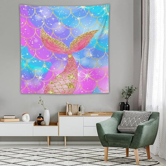 Mermaid Scales Wall Tapestry – 60" x 60" Colourful Shiny Mermaid Tail Pattern | Square Wall Hanging | Bedroom Living Room Dorm