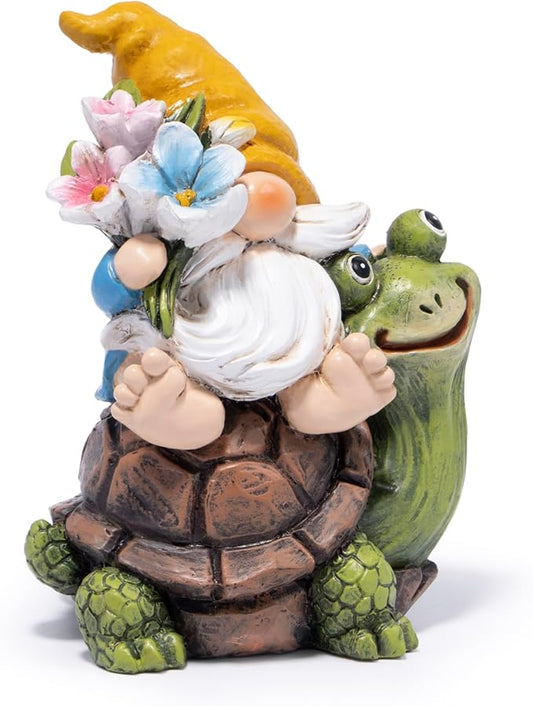 Garden gnome figurine holding flowers, seated with a smiling green turtle