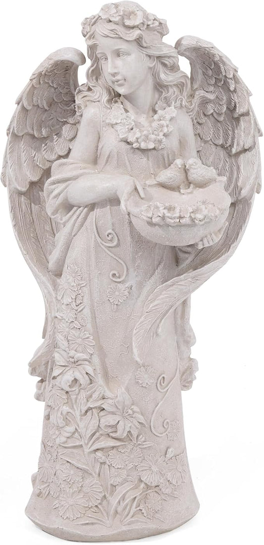 Large Angel Garden Statue with Birds - 23.5-Inch Natural Stone Resin Outdoor Sculpture