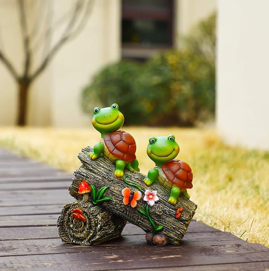 Solar Turtle Garden Statue with 4 LED Lights - Resin Outdoor Decor with Frog Face Design