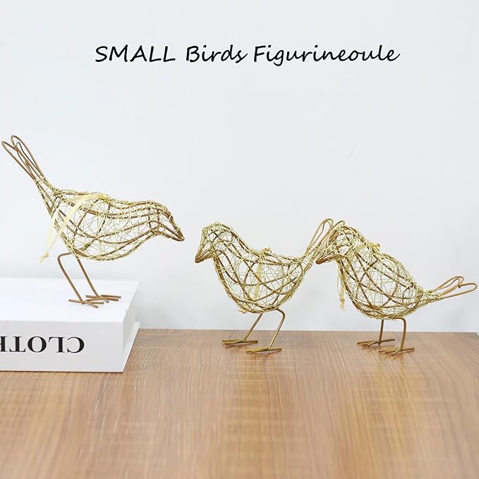 Artisan Gold Wire Bird Statues Trio - Handcrafted Metal Bird Figurines for Home, Office, and Shelf Decor