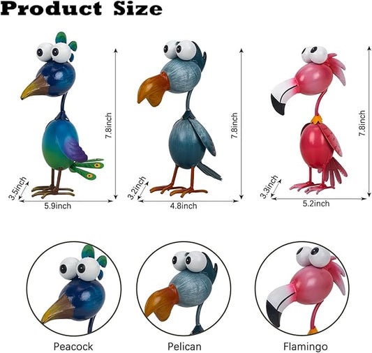 Metal bird statue set with size chart: blue peacock, teal pelican, pink flamingo