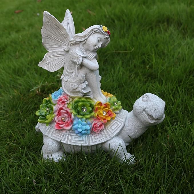 Sleeping Angel Turtle Solar Garden Statue - Multicolor Resin Sculpture with Succulent LED Lights for Patio, Lawn, Porch, Balcony, and Home