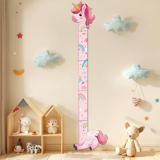 Kids unicorn wooden growth chart standing on floor with colorful height ruler in nursery decor.