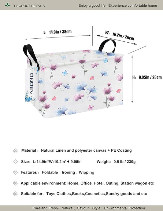 Watercolor Floral Canvas Storage Hamper Basket - Foldable Waterproof Flower and Butterfly Bin for Girls Room, Bathroom, and Gift Hampers