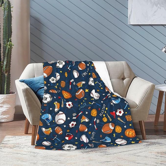 Sports Theme Fleece Throw Blanket – 60"x50" | Baseball, Football & Basketball | Soft Blanket for Kids, Boys & Sports Fans