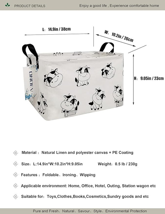 Cartoon Cow Canvas Storage Hamper Basket - Foldable Waterproof Black and White Cow Print Bin for Farm Nursery, Kids Room, and Cow Gift Hampers